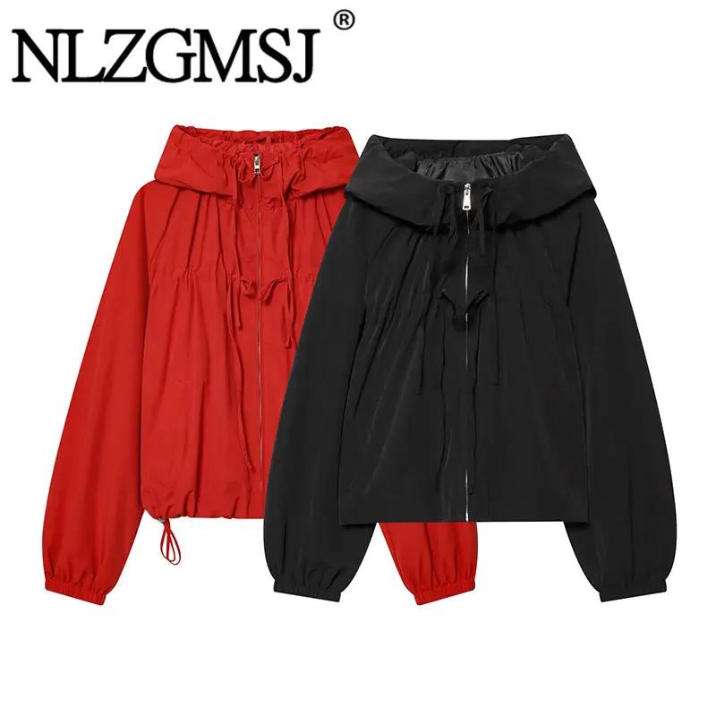 Nlzgmsj 2026 Printemps – Blouson décontracté à capuche rouge pour femme, manteau court zippé à manch