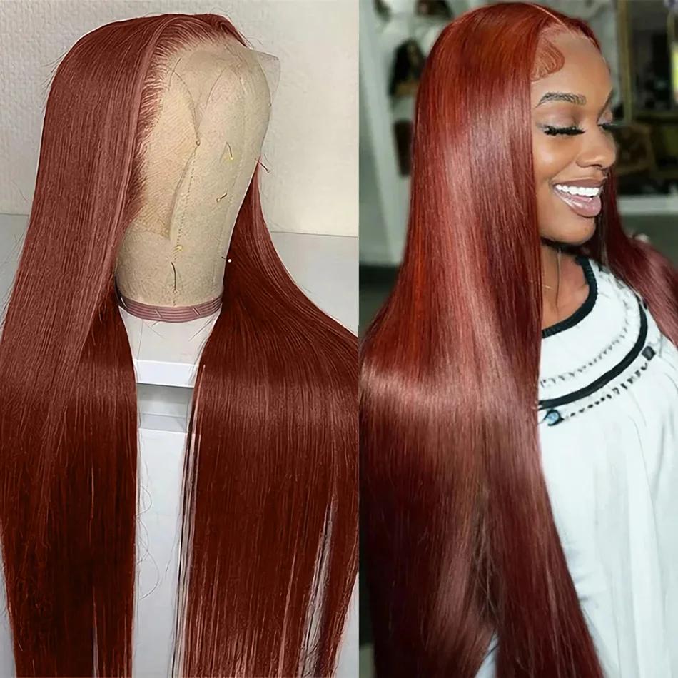 Perruque Lace Frontal Wig brésilienne naturelle lisse, cheveux lisses, brun rougeâtre, 32 pouces, 13