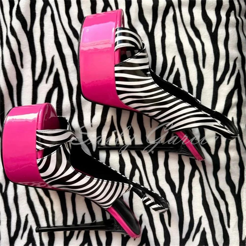 Sandales à talons hauts pour femmes, imprimé zèbre double, rose vif, sexy, bout ouvert, plateforme,