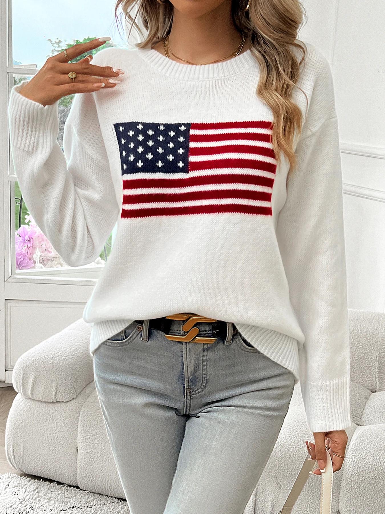 Pull à manches longues et col rond avec drapeau américain pour femme