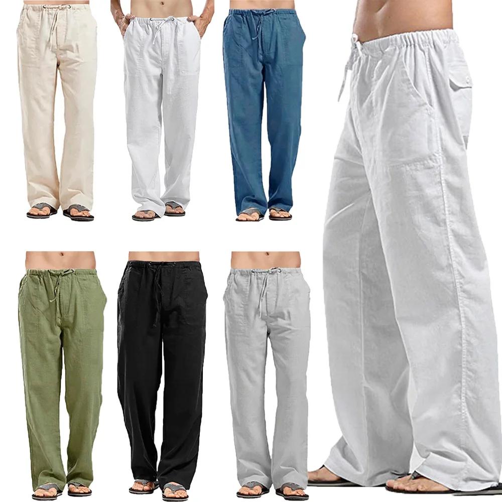 Pantalon d'été en coton et lin pour homme, tissu solide, respirant, décontracté, taille élastique, f