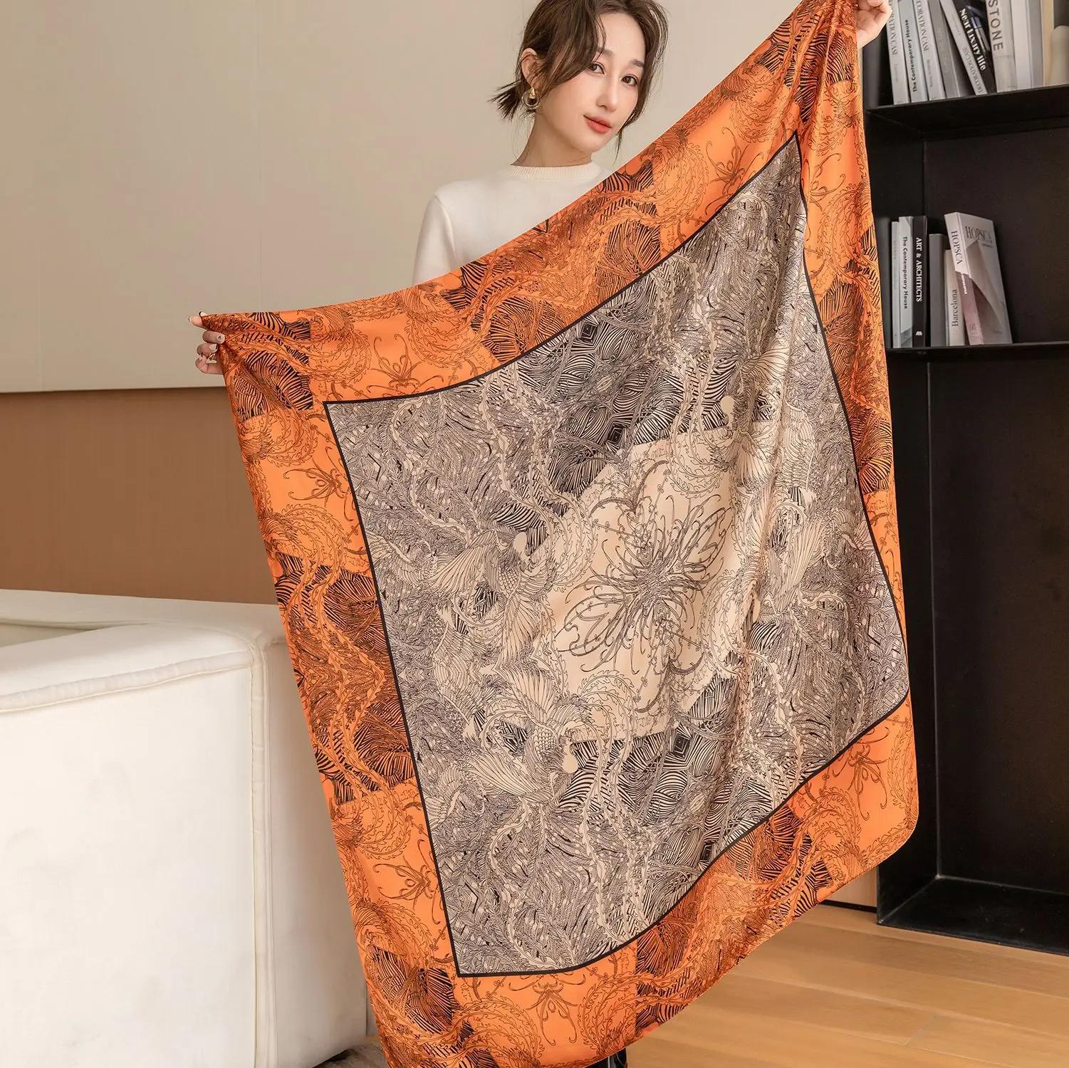 Foulard carré imprimé cheval de luxe, châle Vintage en Imitation soie pour femmes, coupe-vent, envel