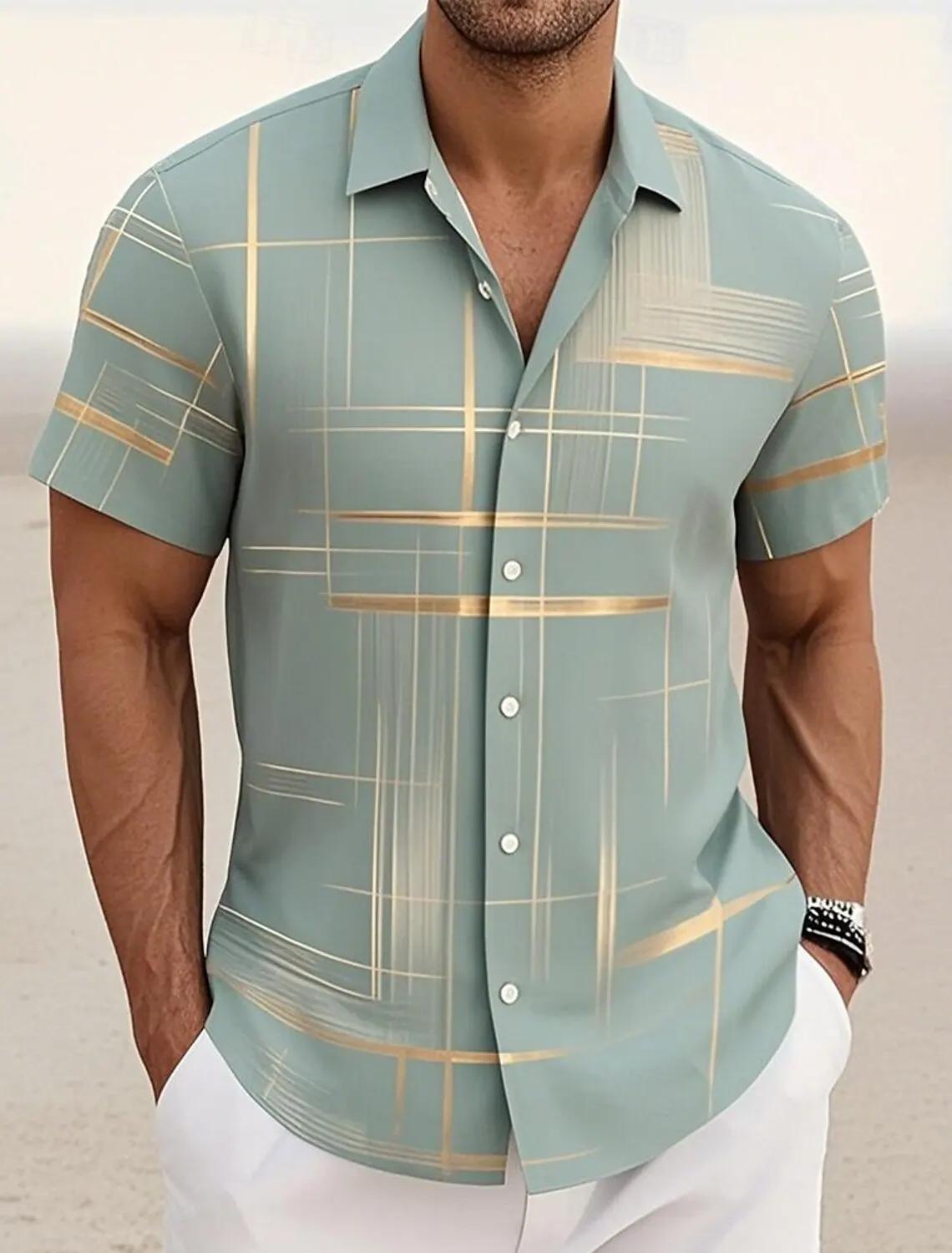 Chemises d'été à carreaux à grille géométrique pour hommes, chemise hawaïenne à manches courtes raba
