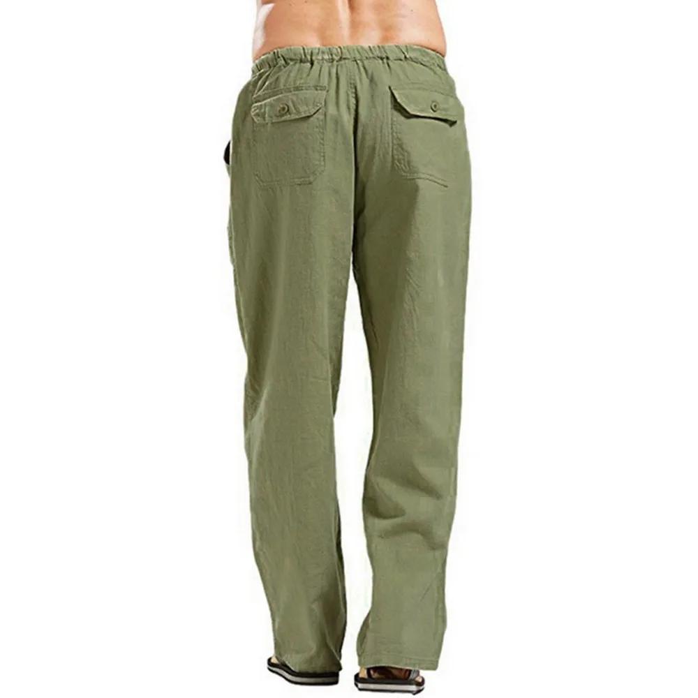 Pantalon d'été en coton et lin pour homme, tissu solide, respirant, décontracté, taille élastique, f