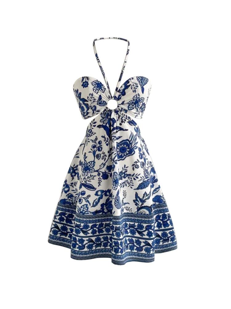Robe romantique à imprimé Floral pour femmes, col licou, Sexy, à la mode, facile à créer, paresseux,