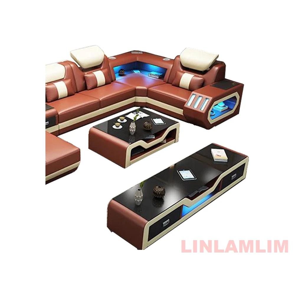 Ensemble de canapé moderne éclairé par LED avec fauteuil inclinable, appui-tête et console réglables