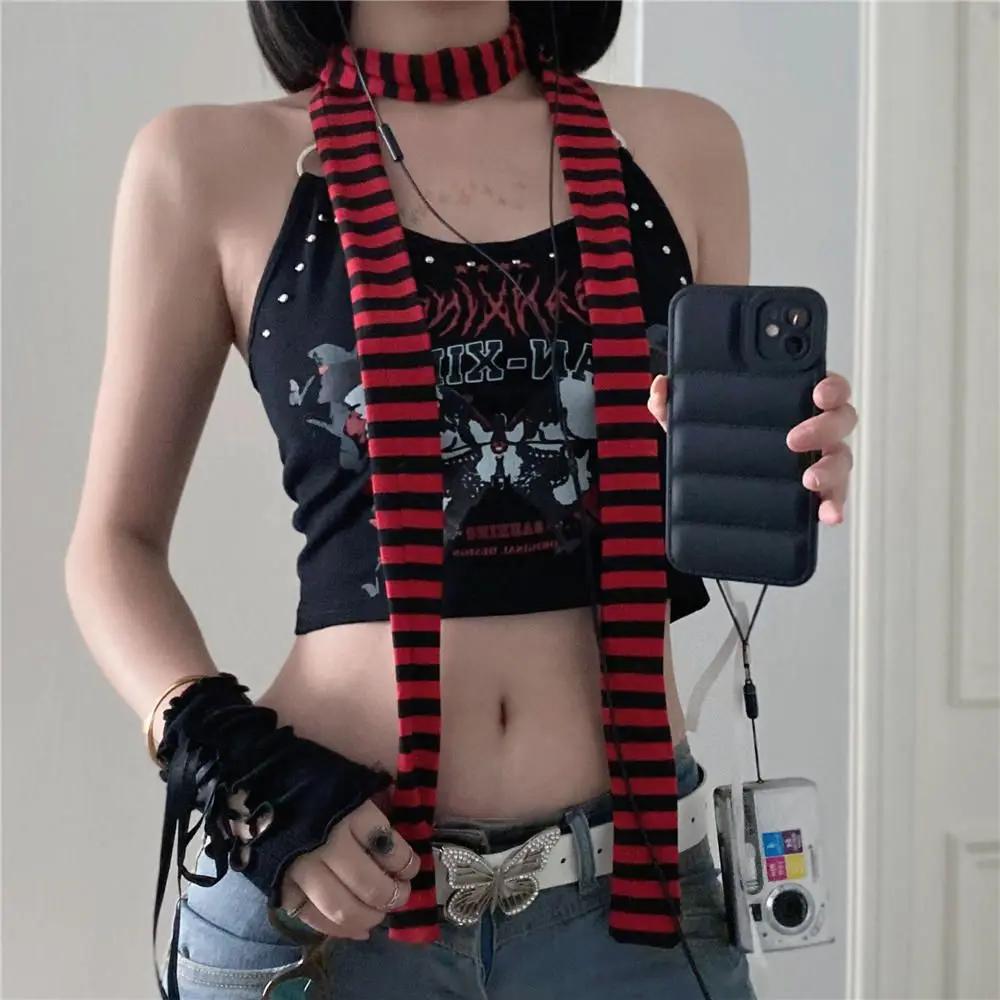 Écharpes en coton Harajuku pour femmes, longues écharpes à rayures noires et grises, mouchoir décora