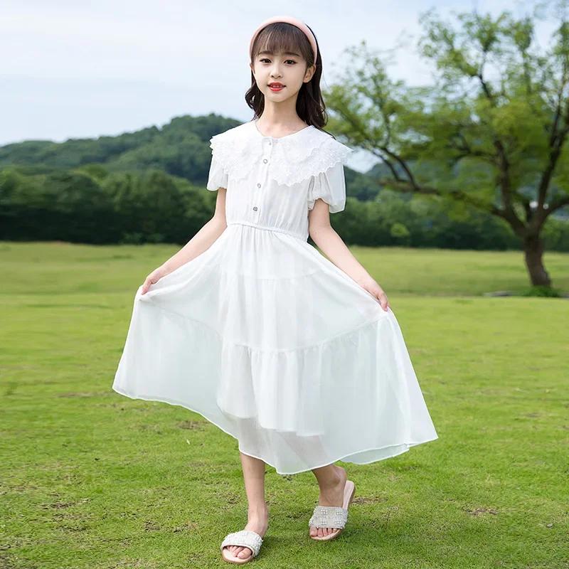 Robe de princesse en mousseline de soie pour adolescentes, vêtements éducatifs en dentelle blanche,