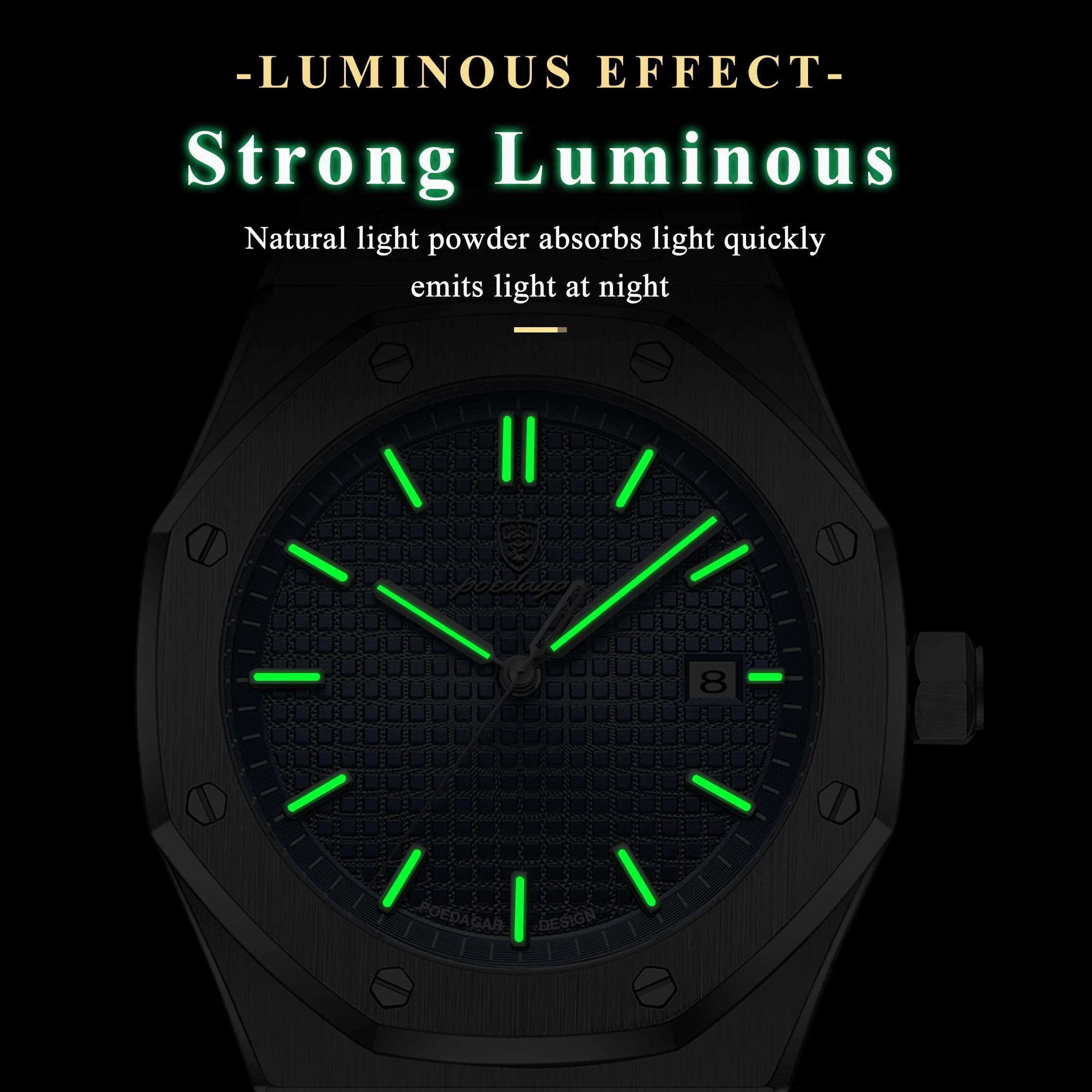 POEDAGAR Original luxe homme montre Date lumineux étanche en acier inoxydable hommes montre-bracelet