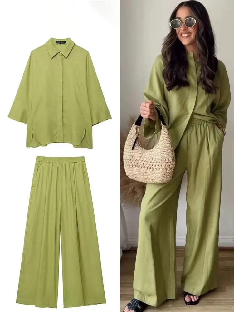 HH femmes décontracté solide Blouse pantalon ensembles ample à manches longues revers chemises taill