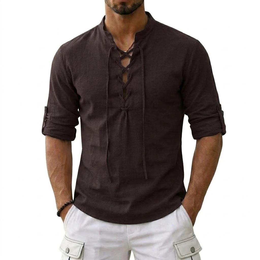 T-shirts en lin à manches longues pour hommes, style médiéval vintage viking, chemises en coton pour