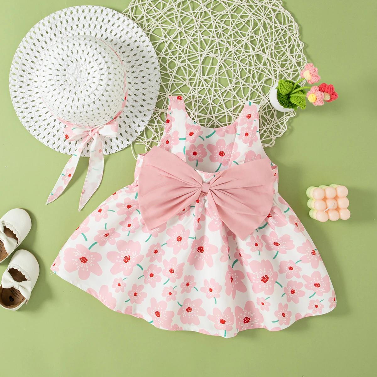 Robe florale pour petites filles de 0 à 2 ans, tenue d'été avec chapeau gratuit pour fête sur la pla