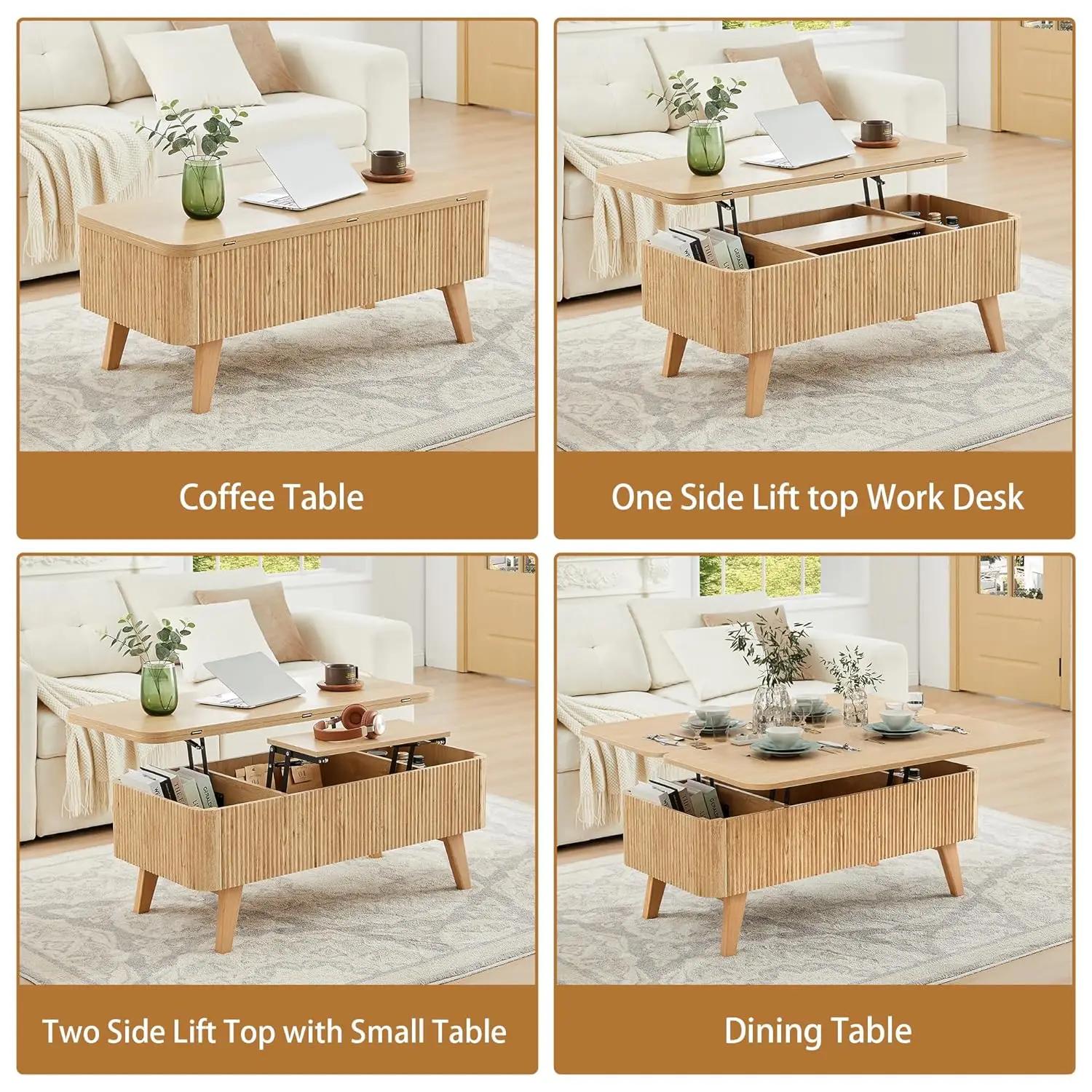 Table basse relevable 3-en-1, tables basses convertibles cannelées transformables en tables à manger