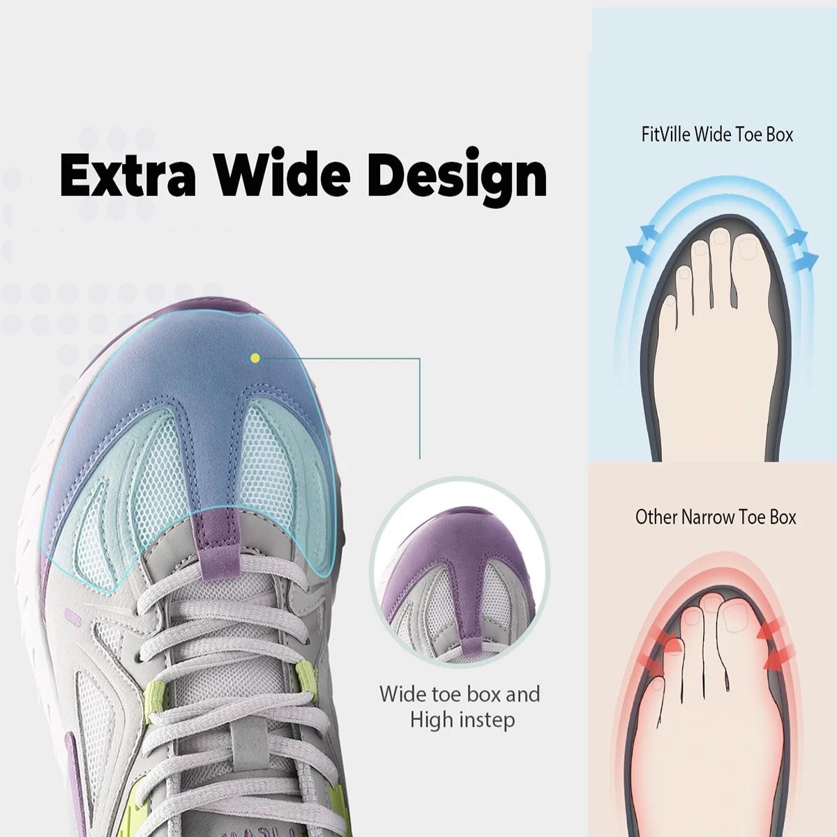 FitVille chaussures de marche Extra larges pour femmes baskets légères à large largeur pour pied pla