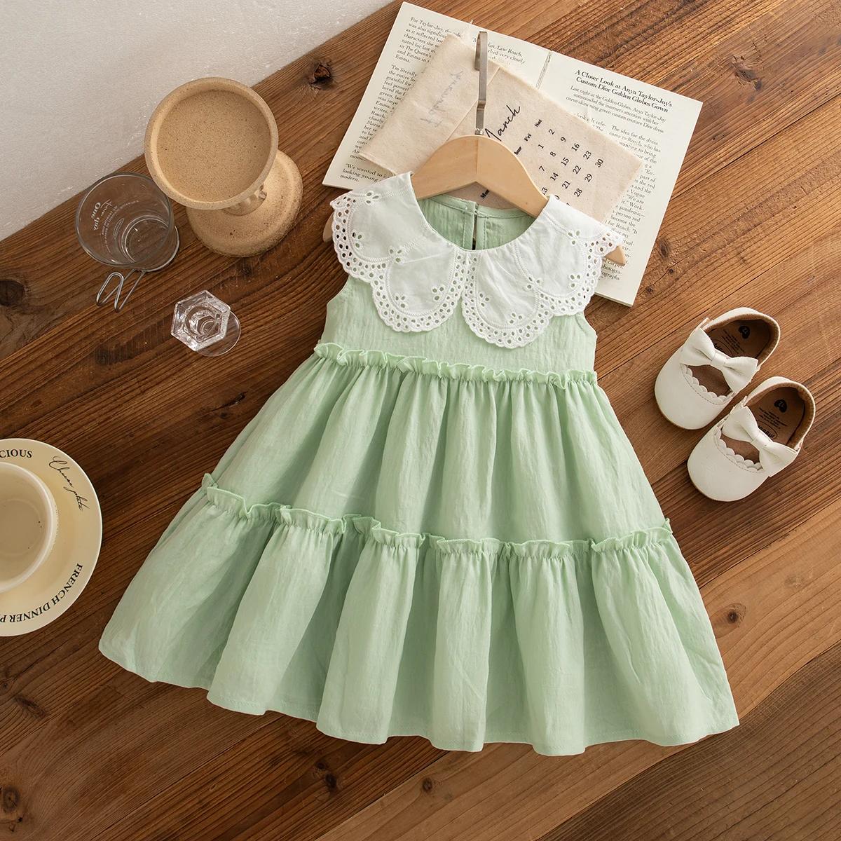 Robe plage été coton filles sans manches à revers couleur unie mignonne