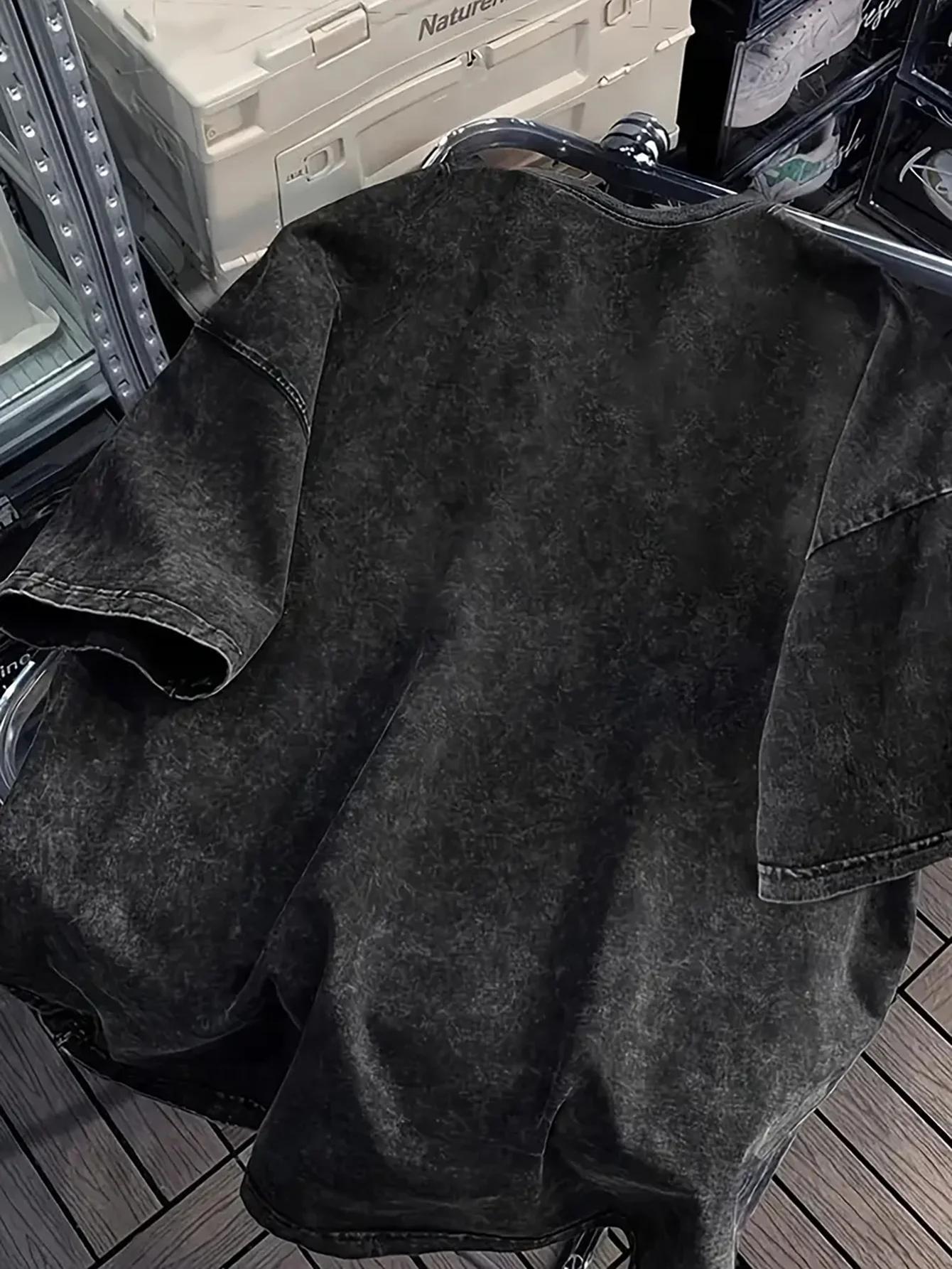 T-shirt d'été décontracté pour hommes, coupe ample, rétro, noir délavé, à manches courtes, motif imp
