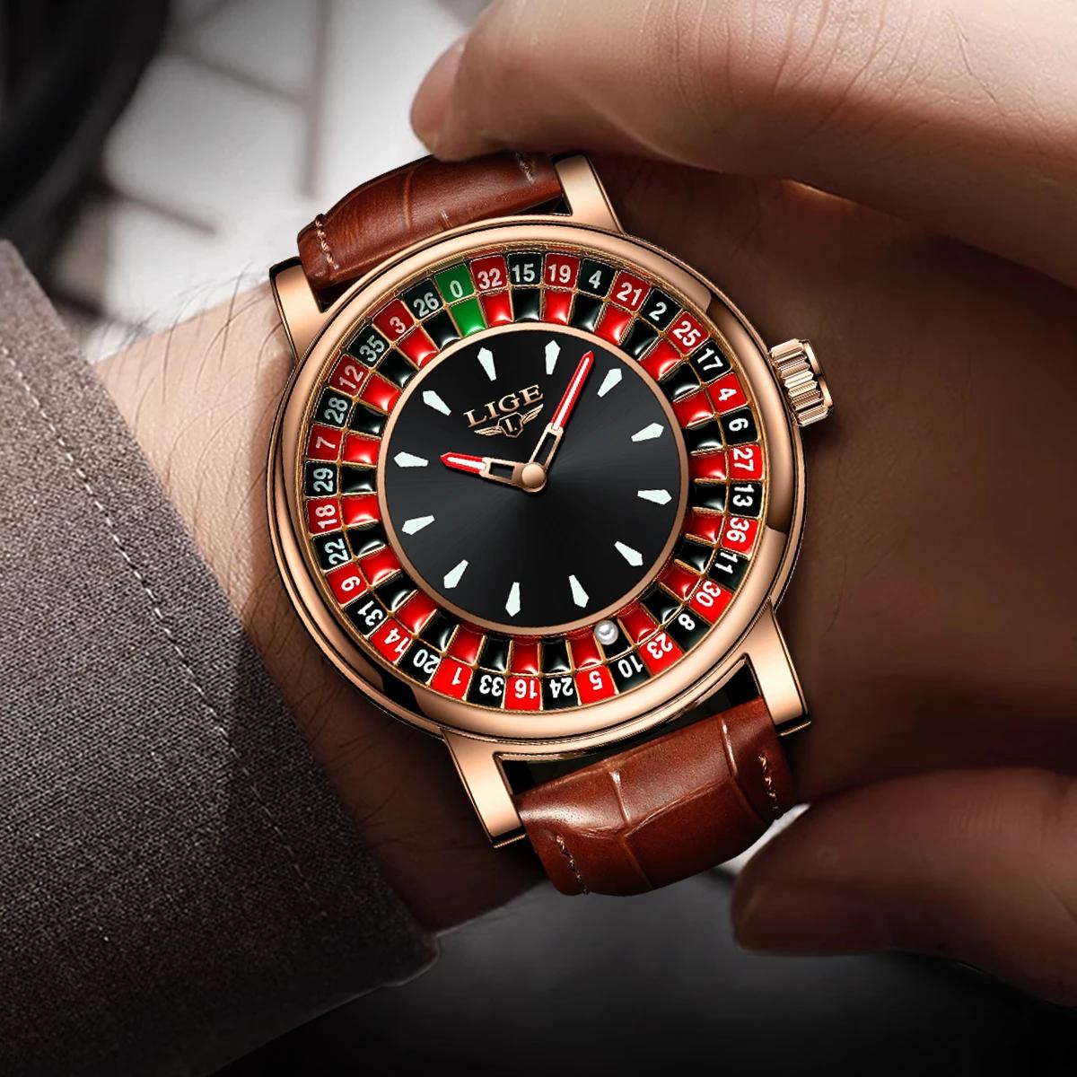 LIGE mode cuir marron hommes montre cadran rotatif Las Vegas Roulette bureau thème montre hommes éta