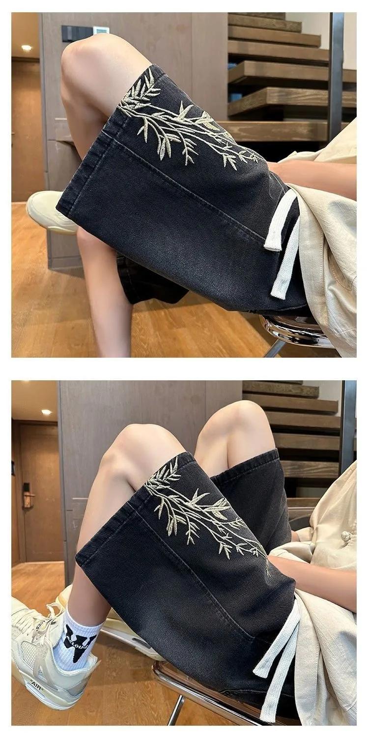 Shorts en jean brodés style chinois rétro délavé pour homme, nouvelle collection été 2026, coupe amp