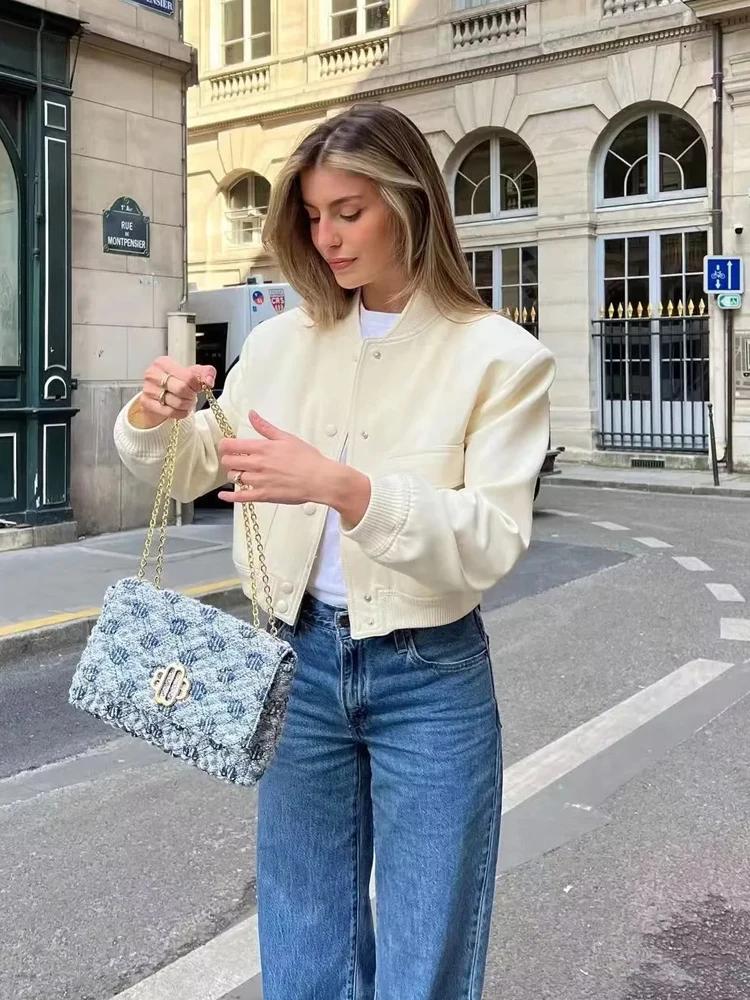 MUJER 2025 femme Bomber veste blanc automne hiver bouton recadrée vestes pour femmes mode à manches