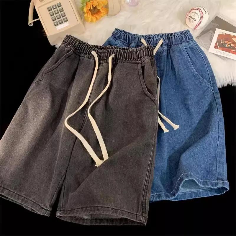2025 nouveau Style coréen Vintage hommes jean été ample mâle jambe large genou longueur Shorts nouve