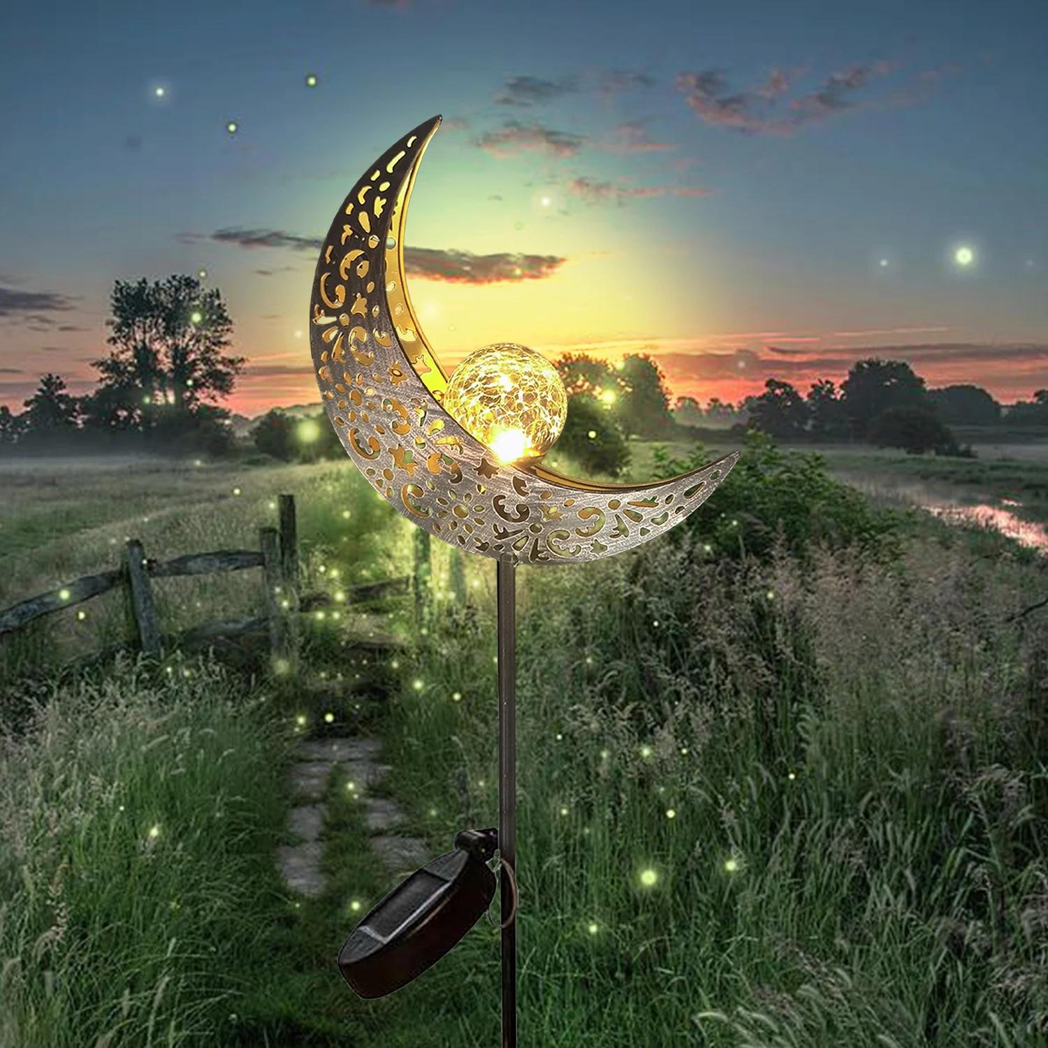 Lumières solaires LED en verre craquelé nickel é de lune, ornement de piquet en métal blanc chaud, l