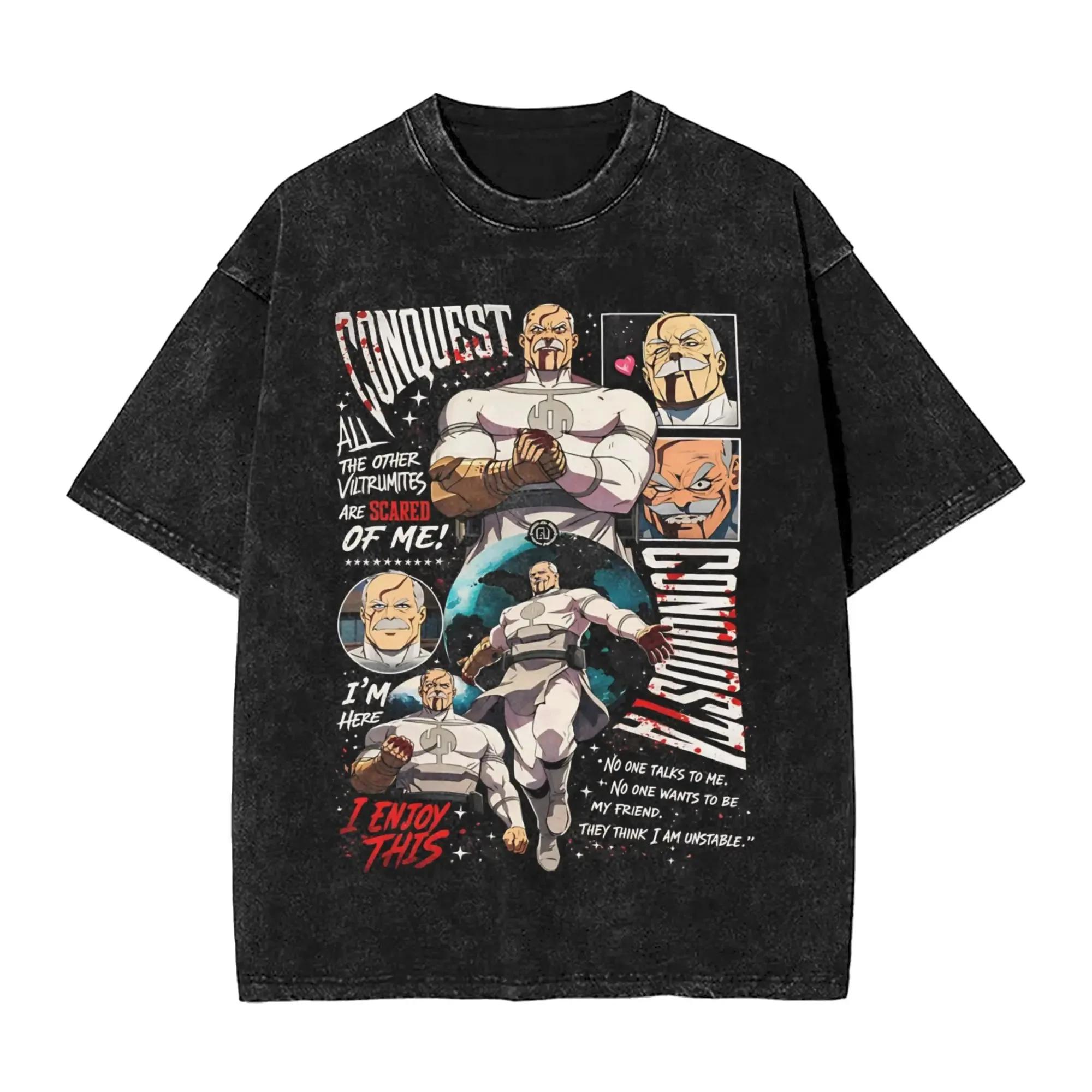 T-shirt unisexe oversize en coton, style streetwear, imprimé manga invincible américain, effet délav