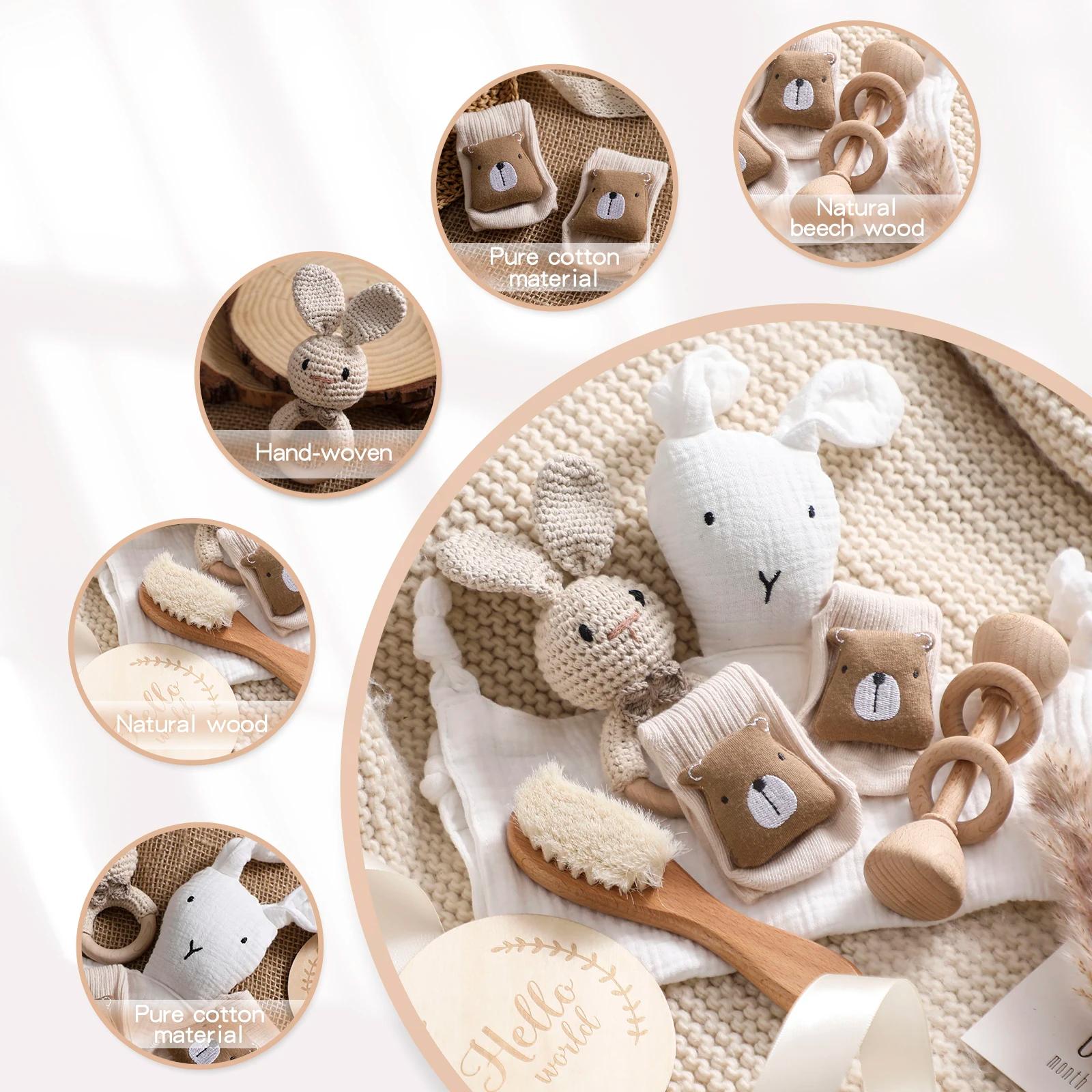 Coffret cadeau naissance 7 pièces : couverture bébé coton double face, accessoires de bain nouveau-né