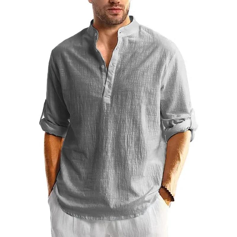 Nouveaux hommes lin coton t-shirts à manches longues boutonné chemises Henley plage chemises hawaïen