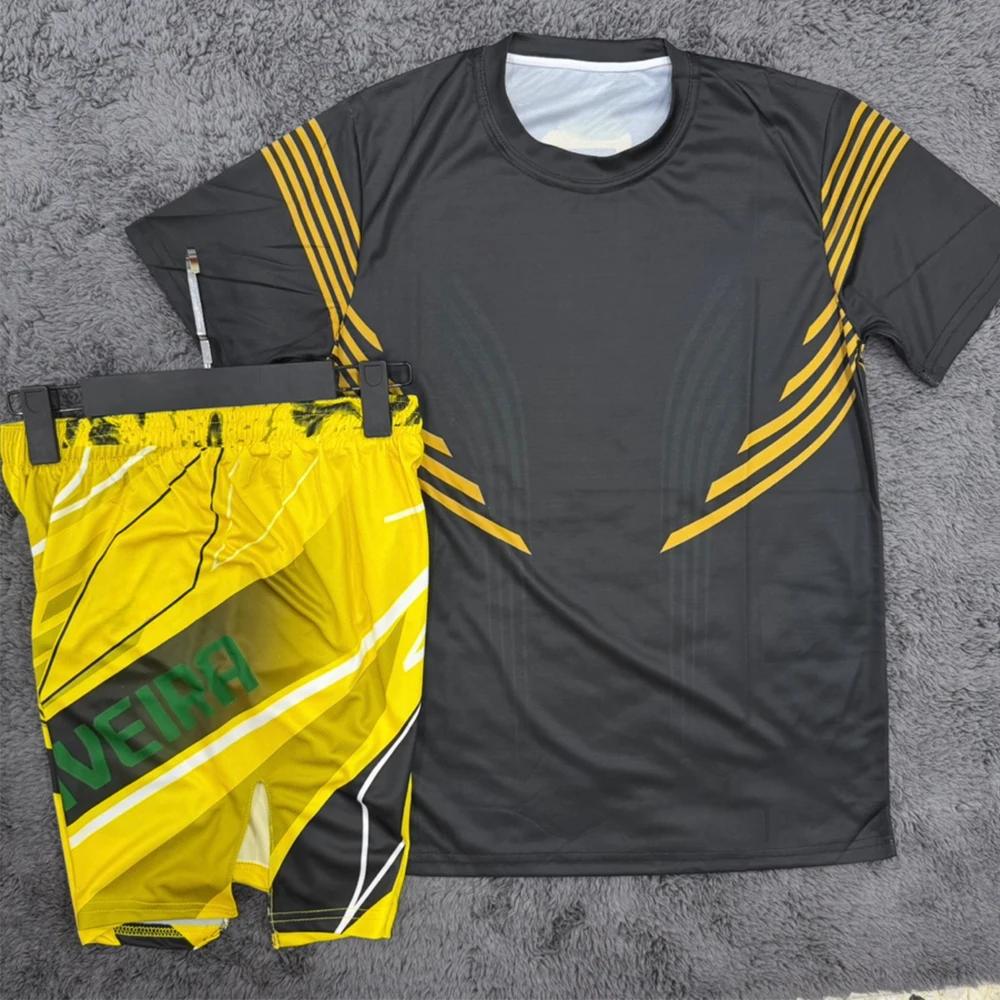 Ensemble de shorts et tee-shirt de combat MMA édition jaune Charles Oliveira pour homme, séchage rap