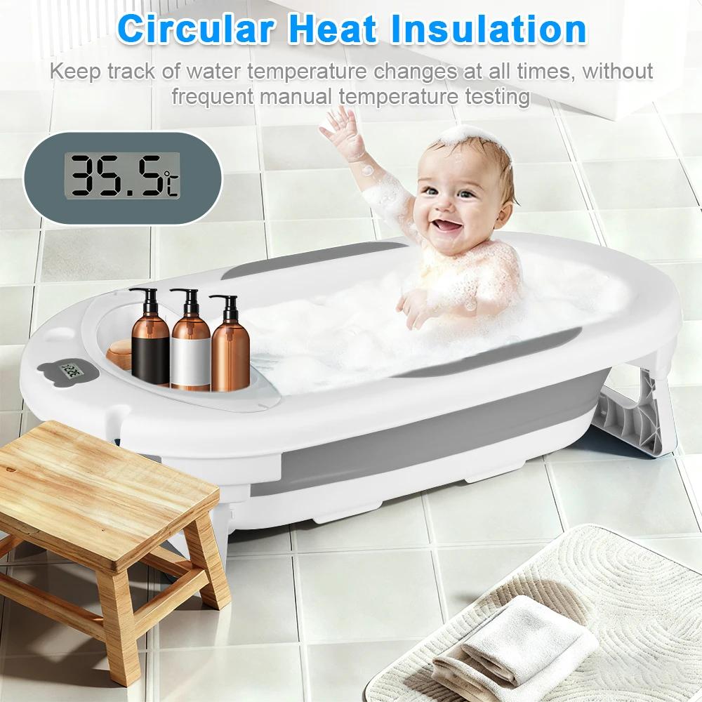 Baignoire Bébé, Design Pliable, Thermomètre Intégré, Coussin de Bain Doux, Pieds Antidérapants, Bouc