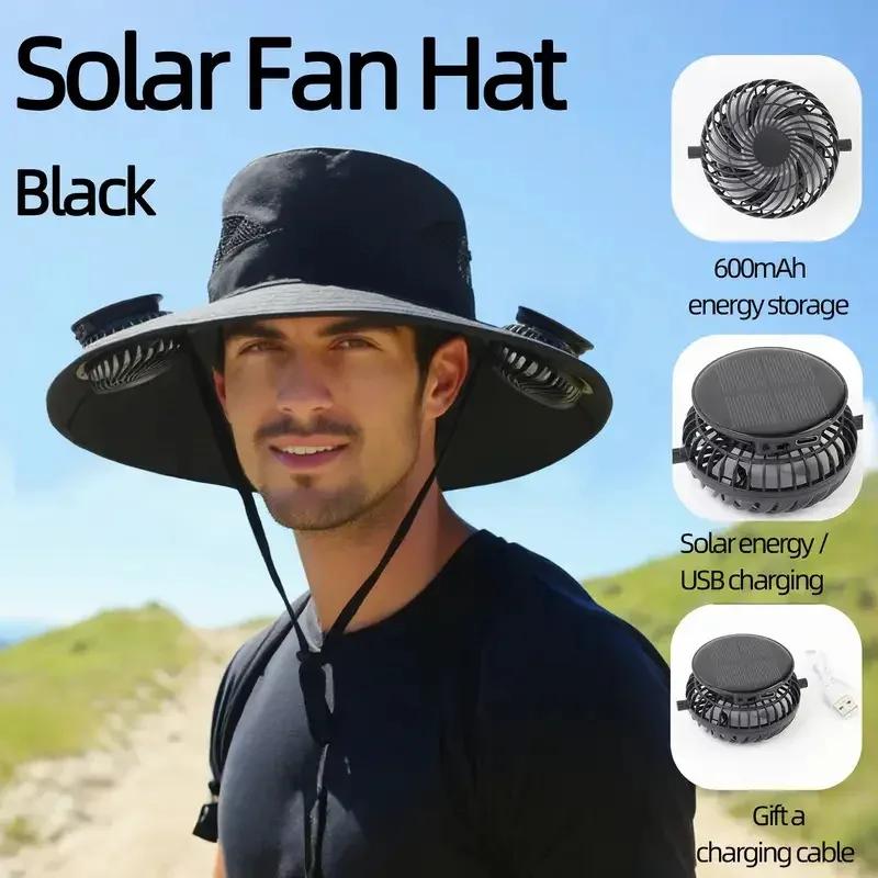 Chapeau de soleil d'été d'extérieur avec 2 ventilateurs, large bord, sangle coupe-vent, chargement s