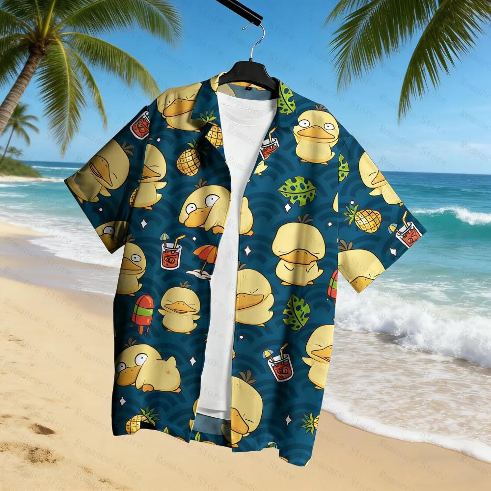 Chemise hawaïenne Psyduck, chemise boutonnée tropicale verte, tenue de plage d'été amusante unisexe,