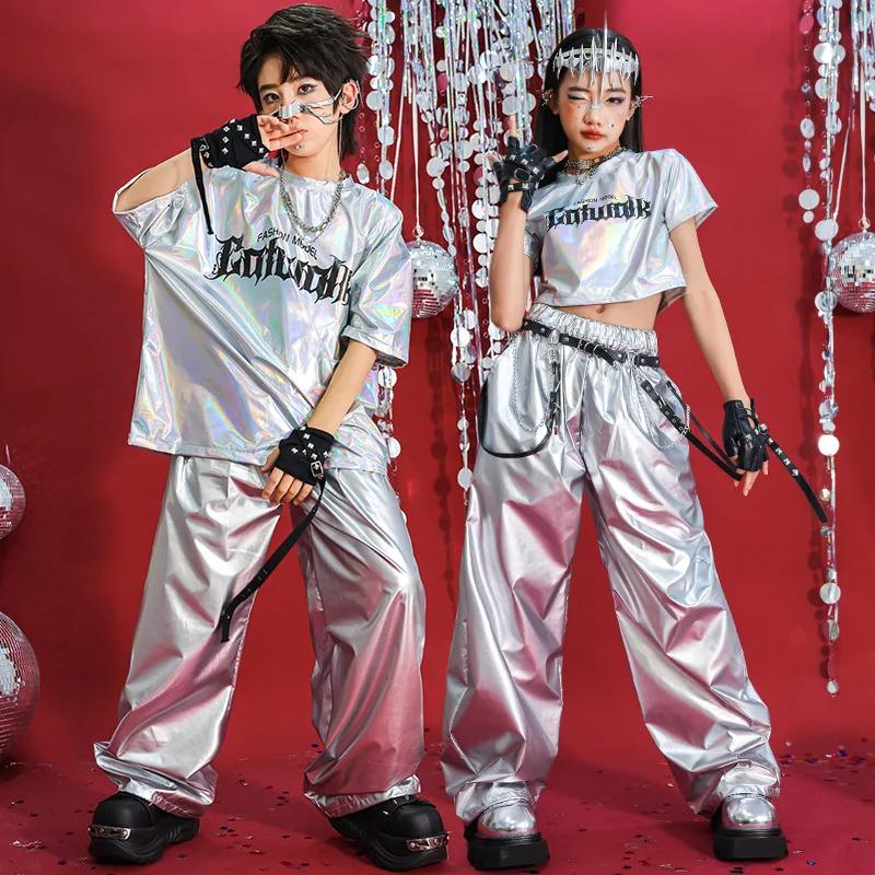 Hip Hop garçons T-shirt danse de rue argent pantalon filles K-pop brillant Joggers enfants Jazz vête
