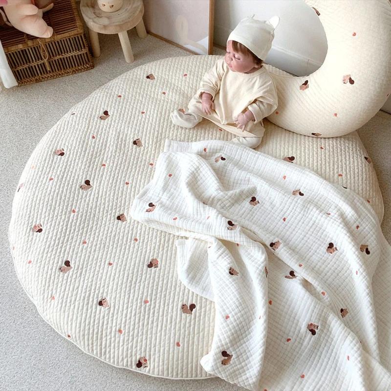 Tapis circulaire lavable brodé pour bébé : style coréen, polymères, carpette de tente enfant nouveauté