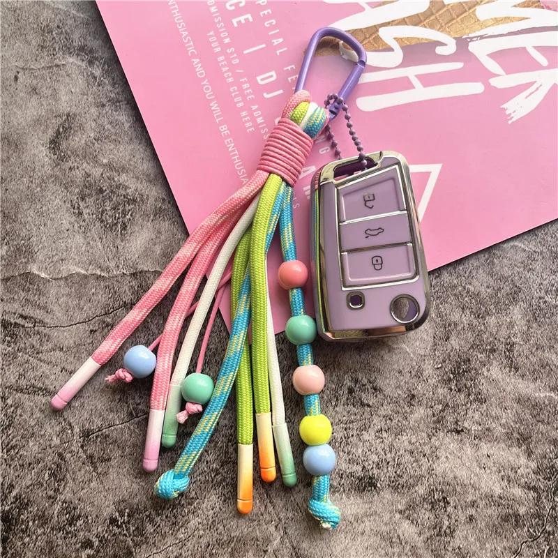 Porte-clés coloré avec perles, breloques pour sacs, tressé, pour voiture ou téléphone, petit et frai