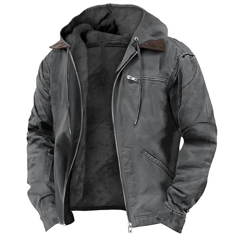 Veste d'hiver en peluche pour homme, style vintage, couleur unie, avec fermeture éclair, capuche, ma
