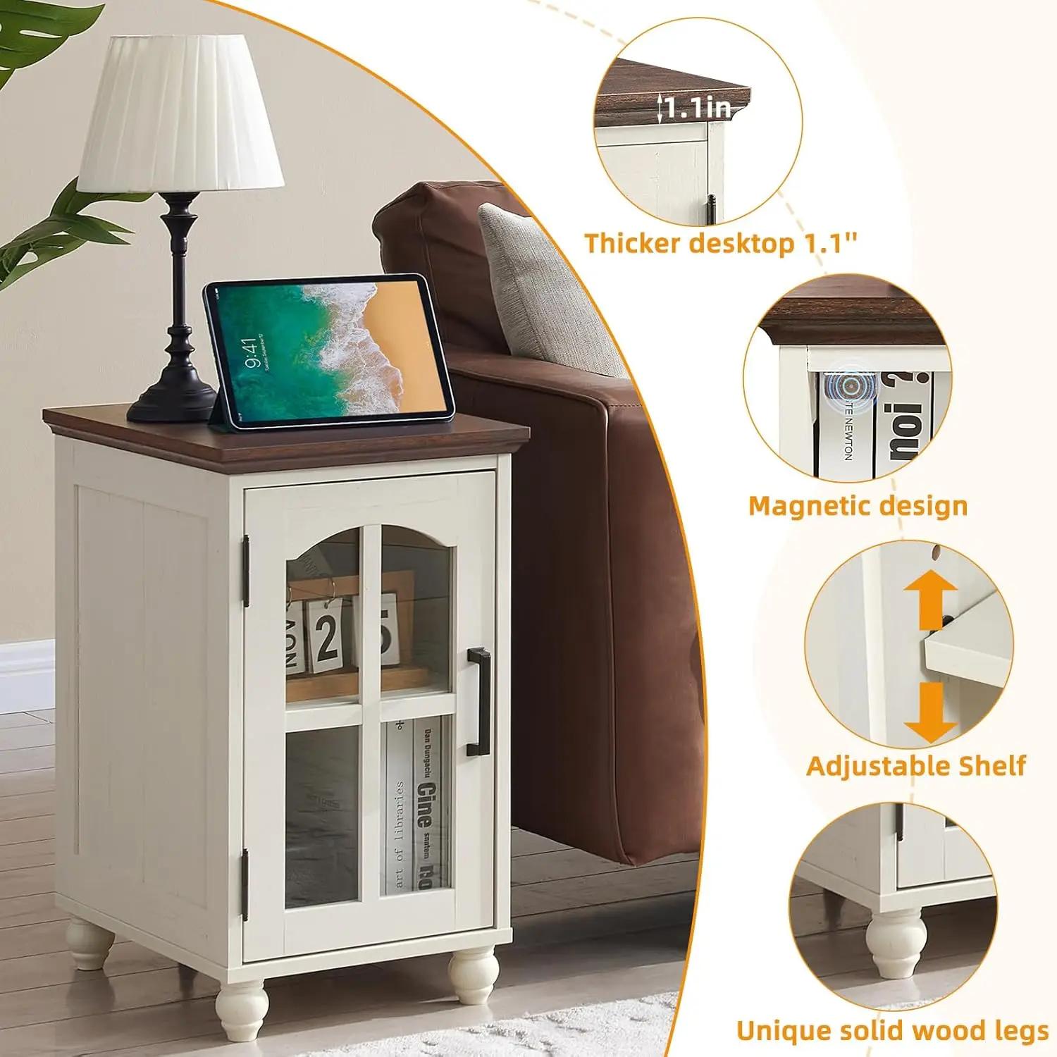Ensemble de 2 tables d'appoint étroites blanches avec station de charge, table d'appoint en verre st