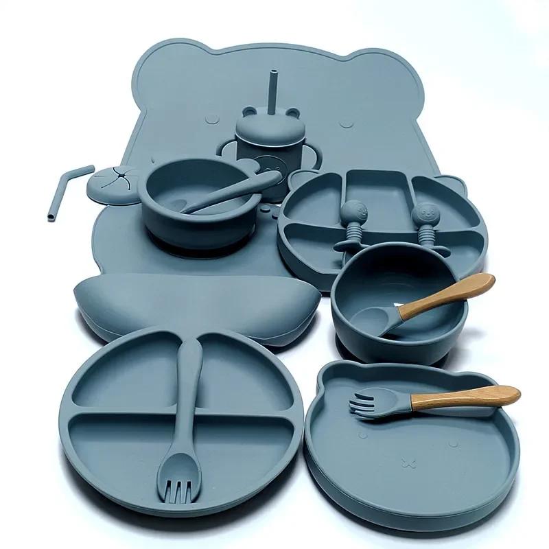 Ensemble d'ustensiles en silicone pour enfants, ensemble d'assiettes queplate, ventouse complémentai