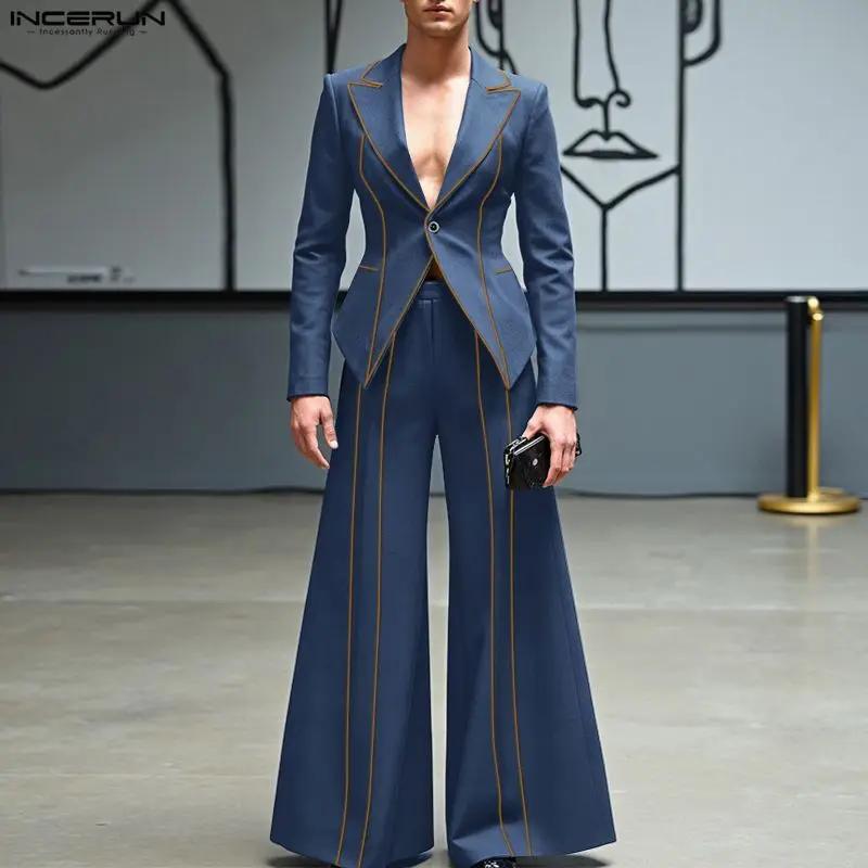 INCERUN hommes ensembles Patchwork élégant à manches longues Blazer et pantalon à jambes larges deux