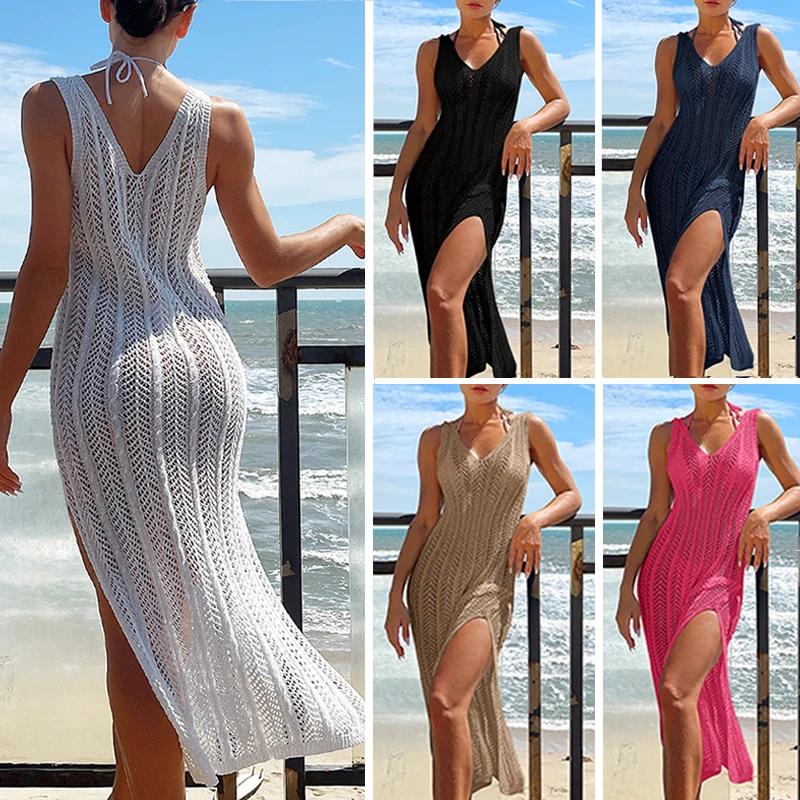 Robe Maxi ajourée pour femmes, tenue de vacances, Chic, couleur unie, tricotée, mode, sans manches,