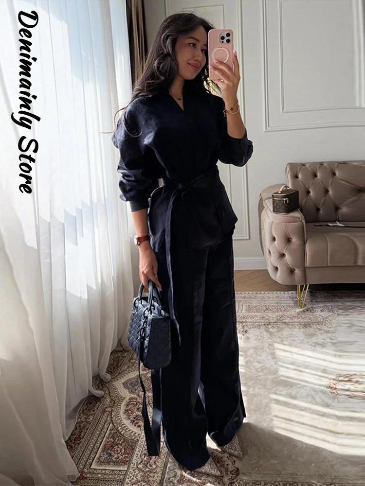 Ensemble décontracté 2 pièces en lin pour femme : chemise ample à col revers et lacets, pantalon lar