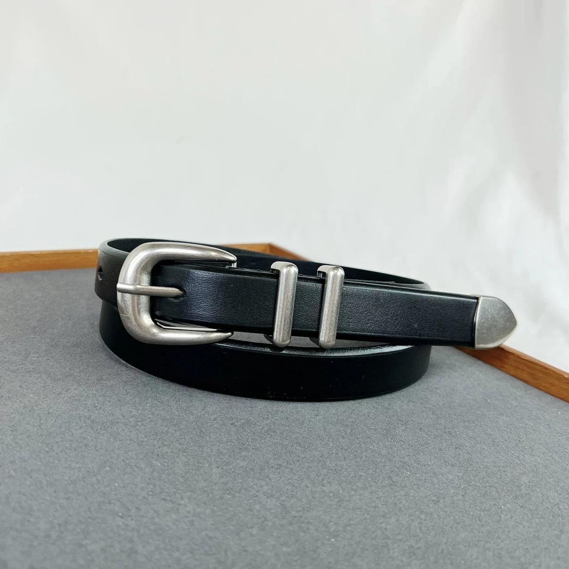 Ceinture Vintage en cuir de vache pour hommes et femmes, argent et noir, boucle, 125cm
