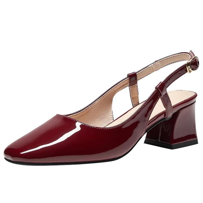 Taille 31-43 été nouveau bloc 5cm talons hauts femmes chaussures en cuir verni tête carrée boucle ch