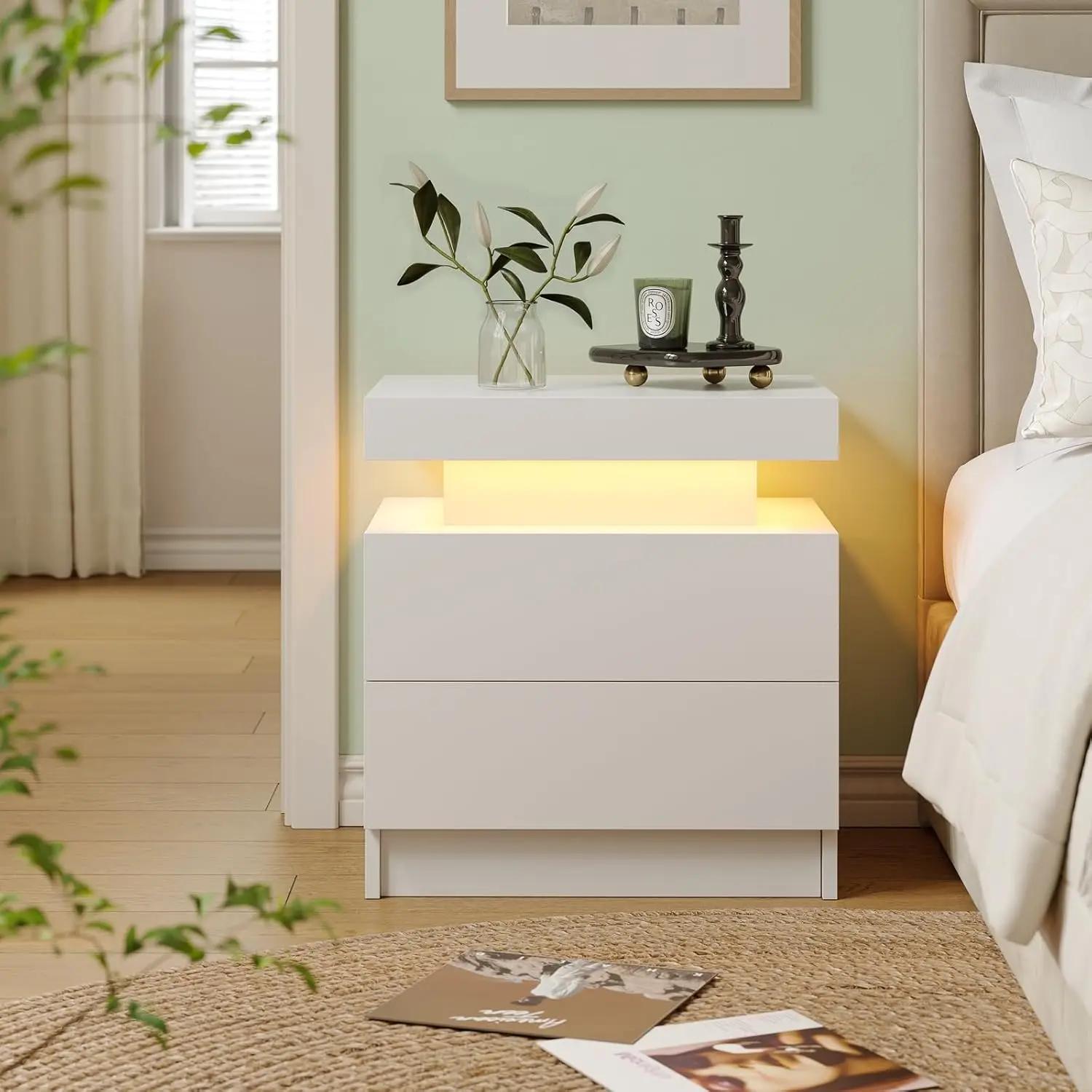 Table de chevet LED blanche, table de chevet moderne pour chambre à coucher avec 2 tiroirs en bois,