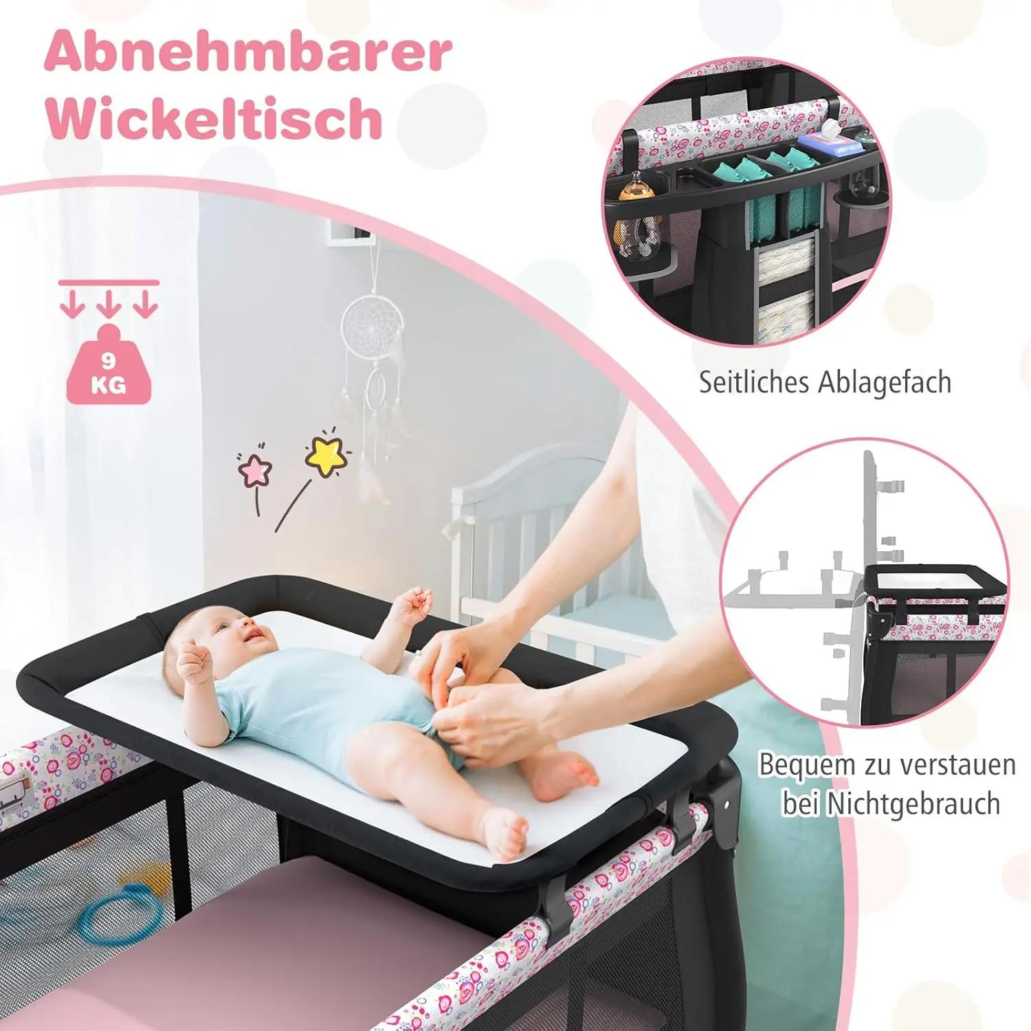 Lit de voyage 5 en 1 avec matelas, avec auvent réglable, avec matelas à langer, boîte à musique et s