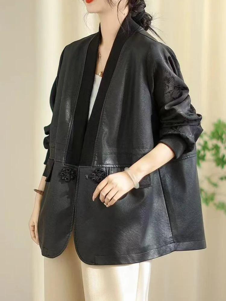 Amax LuluE chinois 2025 automne dames mode Patchwork Faux cuir vestes femmes ample col en V PU mante