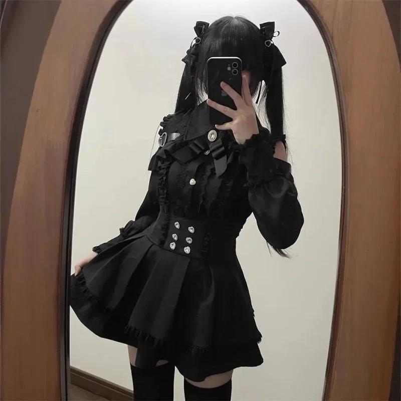 Ensemble Lolita de Type sol en forme de cœur doux foncé, haut à manches à volants et jupe trapèze, j