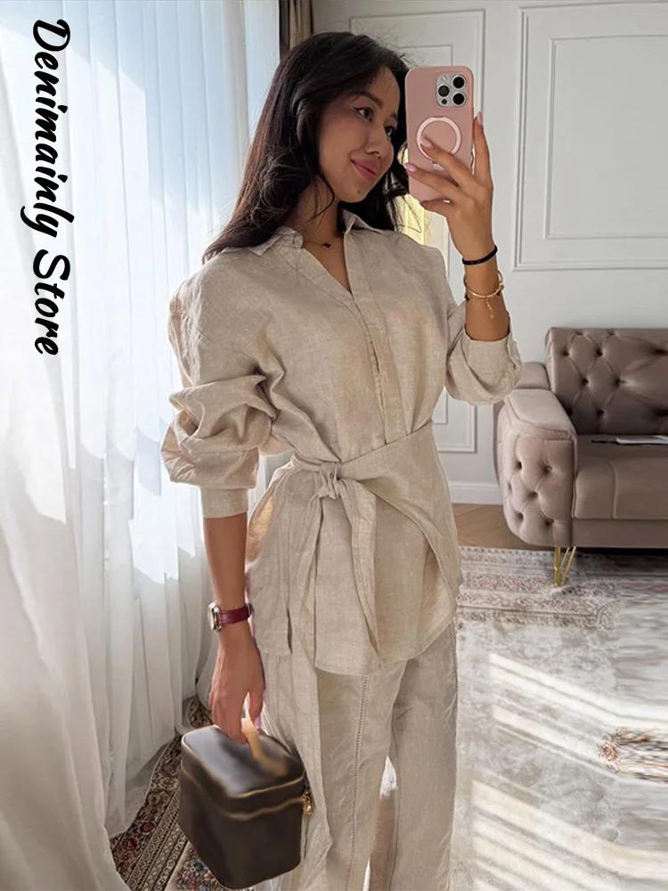 Ensemble décontracté 2 pièces en lin pour femme : chemise ample à col revers et lacets, pantalon lar