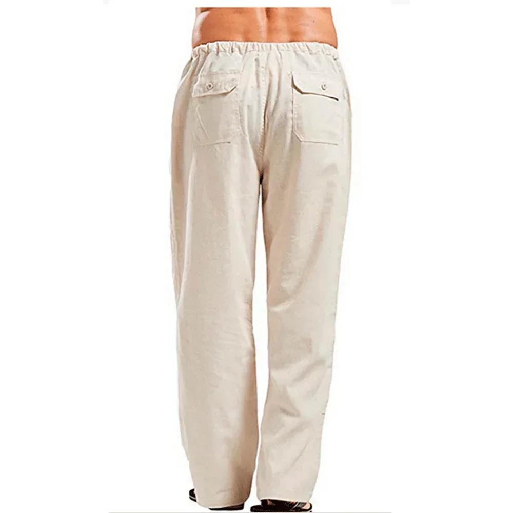 Pantalon d'été en coton et lin pour homme, tissu solide, respirant, décontracté, taille élastique, f