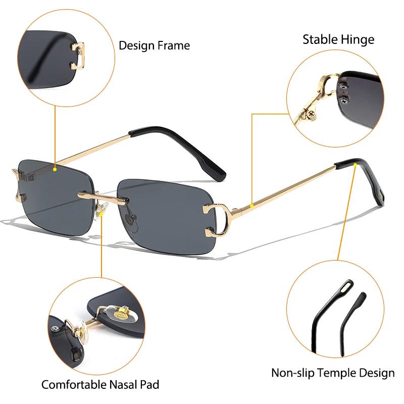 CATERSIDE bleu rectangulaire lunettes de soleil hommes sans monture en métal mode carré lunettes de